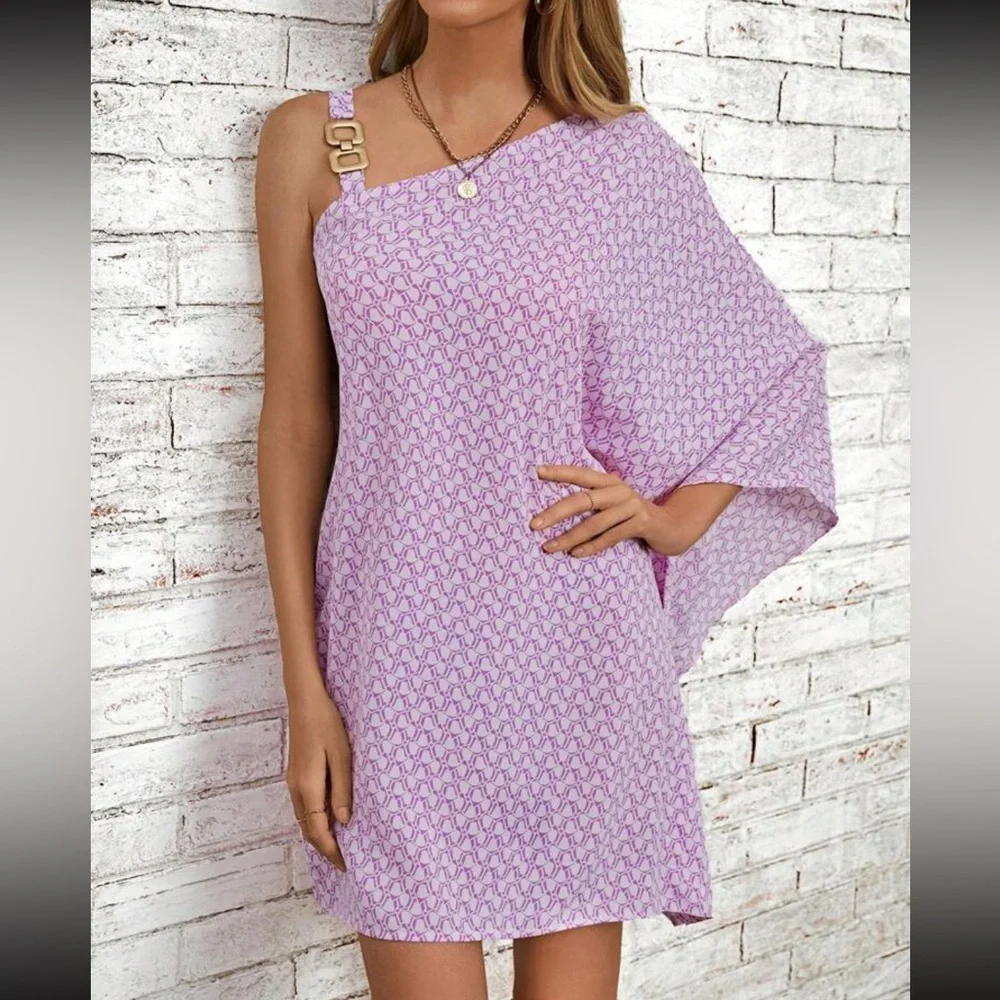 Boho chain strap one shoulder batwing sleeve mini dress - Picture 5 of 5